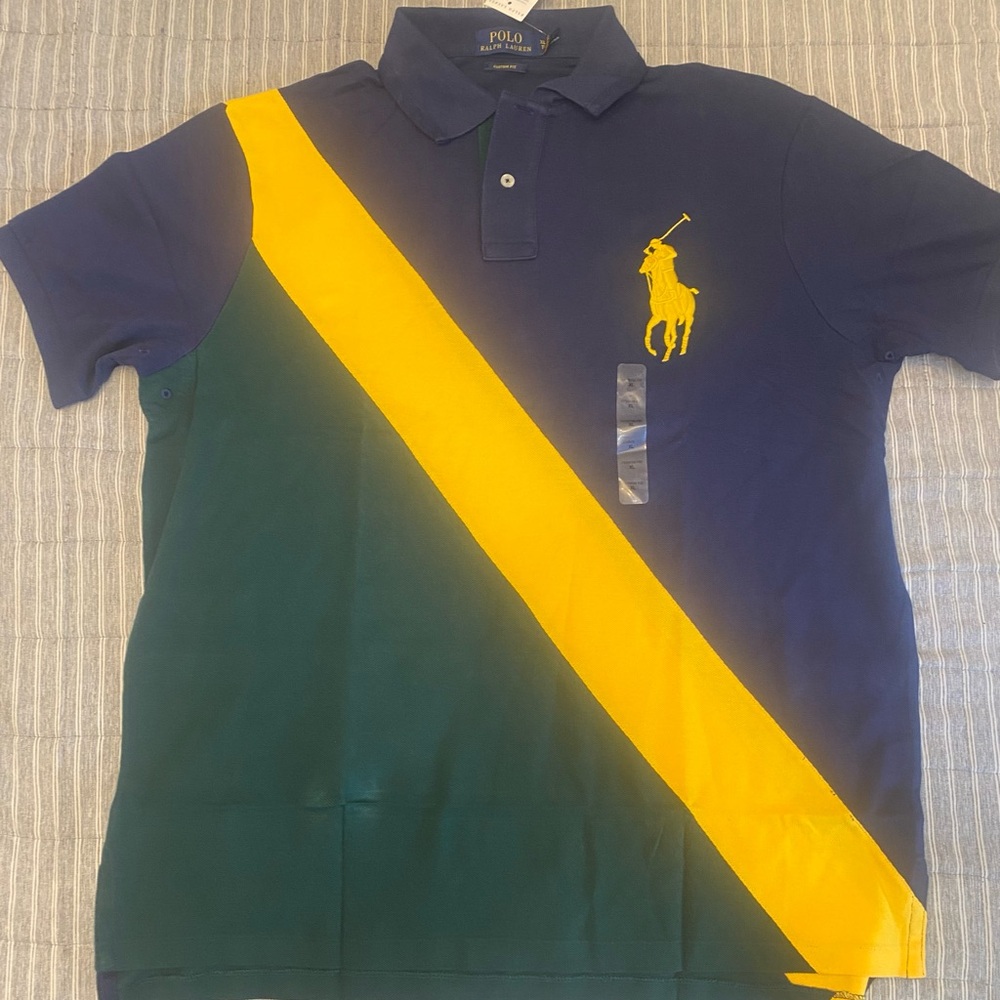 Polo by Ralph Lauren Men's Navy and Forest Green Polo with Yellow Stripe